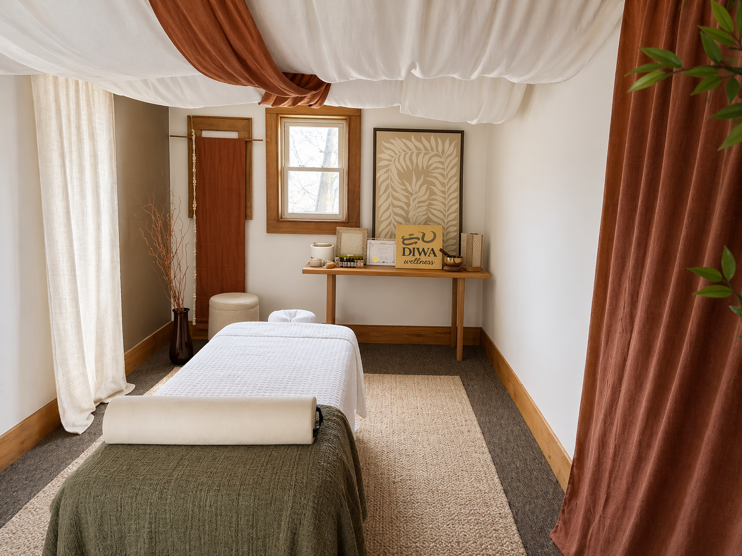 Diwa Wellness studio interior with warm terracotta drapery, soft linens, natural wood, and treatment table.